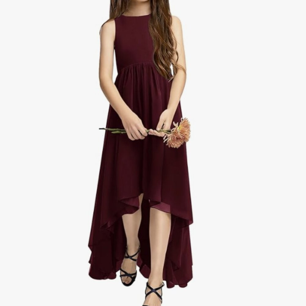 Girls Semi Formal Dress Wine Red A-Line Crewneck Long Chiffon Wedding Size 9-10